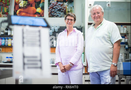 Denkendorf, Germania. 04 Giugno, 2018. Sabine Frick, progetto associare nel reparto di stampa tessile e chimica, e Reinhold Schneider, capo della Chimica tessile divisione, stare fianco a fianco in un laboratorio del tedesco di istituti per tessili e delle fibre di ricerca. (Circa dpa: 'Denkendorf inventori stanno lavorando sui sensori per le batterie in auto elettrica' dal 09.03.2019) Credito: Sebastian Gollnow/dpa/Alamy Live News Foto Stock