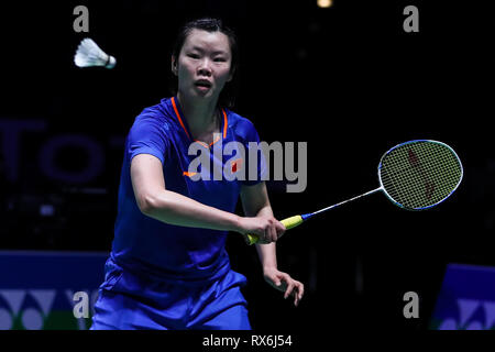 Birmingham. 8 Mar, 2019. Della Cina di Li Xuerui compete durante le donne singoli quarti di finale corrisponde con il Giappone Nozomi Okuhara a All England Open Badminton Championships 2019 a Birmingham, la Gran Bretagna il 8 marzo 2019. Credito: Tang Shi/Xinhua/Alamy Live News Foto Stock