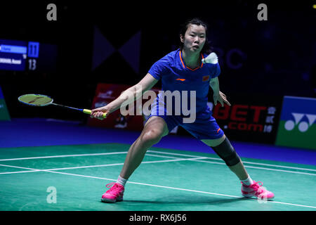 Birmingham. 8 Mar, 2019. Della Cina di Li Xuerui compete durante le donne singoli quarti di finale corrisponde con il Giappone Nozomi Okuhara a All England Open Badminton Championships 2019 a Birmingham, la Gran Bretagna il 8 marzo 2019. Credito: Tang Shi/Xinhua/Alamy Live News Foto Stock