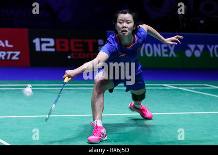 Birmingham. 8 Mar, 2019. Della Cina di Li Xuerui compete durante le donne singoli quarti di finale corrisponde con il Giappone Nozomi Okuhara a All England Open Badminton Championships 2019 a Birmingham, la Gran Bretagna il 8 marzo 2019. Credito: Tang Shi/Xinhua/Alamy Live News Foto Stock