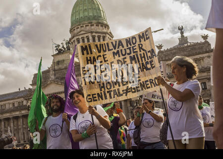 Buenos Aires, capitale federale, Argentina. 8 Mar, 2019. In occasione della Giornata internazionale della donna, femminista gruppi provenienti da tutto il paese chiamato per un mese di marzo in tutto il paese. Intorno alle 8:30 pm, più di centomila persone sono state presenti alla mobilitazione e successiva concentrazione.Nel centro di Buenos Aires, sin dal mattino, vari gruppi di donne sono scese in piazza per rendere le loro esigenze sentite. Nelle strade che circondano il Congresso Nazionale ci sono diversi gruppi che rivendicato dalle prime ore del pomeriggio per i diritti delle donne. (Credito Immagine: © Roberto un Foto Stock