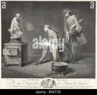 La lezione di disegno. Jacques Philippe Le Bas (Francese, 1707-1783); dopo Jean Baptiste Siméon Chardin (Francese, 1699-1779). Data: 1749. Dimensioni: 251 × 309 mm (nell'immagine); 294 × 329 mm (piastra); 455 × 624 mm (foglio). Incisione in bianco e nero in crema di latte di cui la carta. Provenienza: Francia. Museo: Chicago Art Institute. Foto Stock