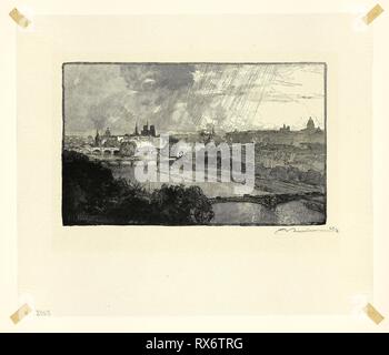 Parigi, visto dal Pavillon de Flore, piastra di undici da Le Long de la Seine et des Boulevards. Louis Auguste Lepère (Francese, 1849-1918); pubblicato da A. Desmoulins (francese, attivo c. 1908-1910). Data: 1890. Dimensioni: 122 × 198 mm (nell'immagine); 226 × 267 mm (foglio). Incisione su legno nero in crema tessuto giapponese. Provenienza: Francia. Museo: Chicago Art Institute. Foto Stock