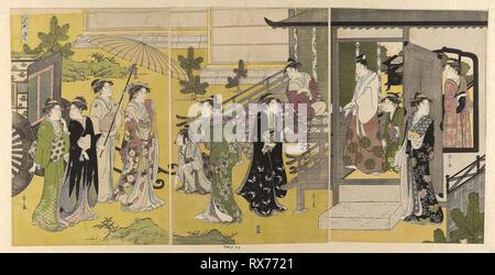 Fuji no uraba, dalla serie 'una parodia alla moda del racconto di Genji (Furyu yatsushi Genji)'. Eishi Chobunsai; Giapponese, 1756-1829. Data: 1784-1799. Dimensioni: 38 x 76,7 cm. Colore stampa woodblock; oban trittico. Provenienza: Giappone. Museo: Chicago Art Institute. Foto Stock