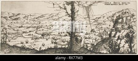 Paesaggio con un albero nel centro di primo piano. Augustin Hirschvogel; Tedesco, 1503-1553. Data: 1545-1546. Dimensioni: 99 x 251 mm. Acquaforte su carta. Origine: Germania. Museo: Chicago Art Institute. Foto Stock