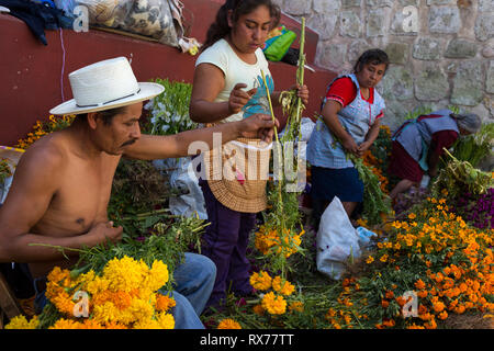 Una famiglia vende i fiori per le offerte del giorno dei morti. Foto Stock