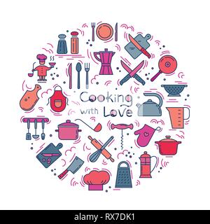 Cucinare con amore sfondo circolare da icone sul tema della cucina e la cottura con caratteri. Sfondo per la decorazione dei menu di Illustrazione Vettoriale