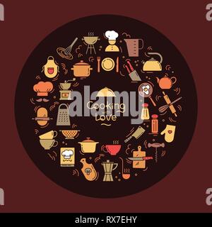 Cucinare con amore sfondo circolare da icone sul tema della cucina e la cottura con caratteri. Illustrazione Vettoriale