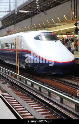 TOKYO, Giappone - 4 Maggio 2012: scheda di viaggiatori Shinkansen Hayate con il treno alla Stazione di Tokyo. Hayate ha la massima velocità operativa di 275km/h ed è tra le più veloci t Foto Stock