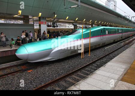 TOKYO, Giappone - 4 Maggio 2012: scheda di viaggiatori Shinkansen Hayabusa con il treno alla Stazione di Tokyo. Hayabusa è stato inaugurato nel 2010 e con una velocità di funzionamento di 3 Foto Stock