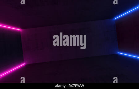 Abstract sfondo interni con luci al neon colorate luci nel buio vuoto camera in calcestruzzo, 3d illustrazione Foto Stock