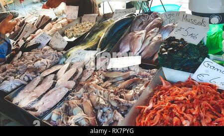 Variato il pesce fresco e i frutti di mare nei vassoi ad un pescivendolo stand in un mercato a cielo aperto Foto Stock