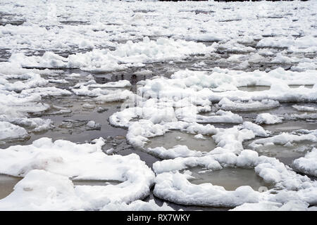 Pancake circolare la formazione del ghiaccio galleggiante sul Lago Michigan in inverno Foto Stock