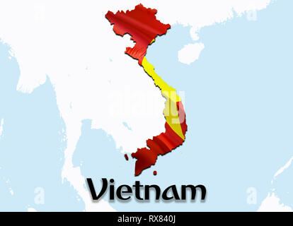 Mappa di bandiera del Vietnam. 3D rendering Vietnam mappa e bandiera su Asia mappa. Il simbolo nazionale del Vietnam. Bandiera ‎Hanoi‎ mappa immagine di sfondo scaricare HD.Viet Foto Stock