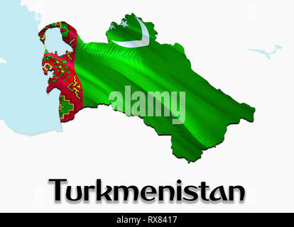 Mappa di bandiera del Turkmenistan. 3D rendering Turkmenistan mappa e bandiera su Asia mappa. Il simbolo nazionale del Turkmenistan. Ashgabat bandiera mappa immagine di sfondo Foto Stock