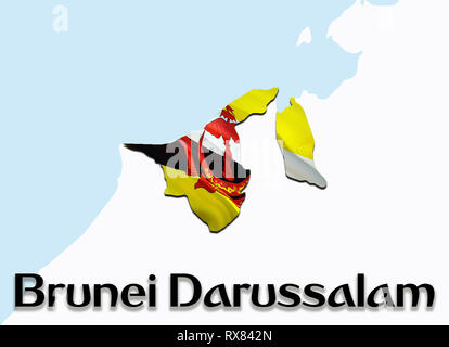 Bandiera Mappa di Brunei. 3D rendering Mappa di Brunei e bandiera su Asia mappa. Il simbolo nazionale del Brunei. Bandar Seri Begawan bandiera mappa immagine di sfondo downloa Foto Stock