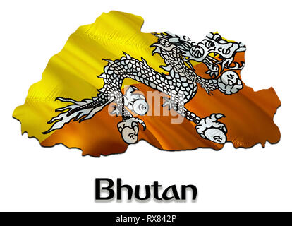 Mappa di Bhutan bandiera. 3D rendering Bhutan mappa e bandiera su Asia mappa. Il simbolo nazionale del Bhutan. Bandiera ‎Thimphu su Asia sfondo. Il Bhutan nazionale sventolando Foto Stock
