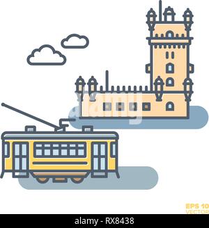 Vintage tram giallo e la Torre di Belem a Lisbona riempito line icona illustrazione vettoriale Illustrazione Vettoriale