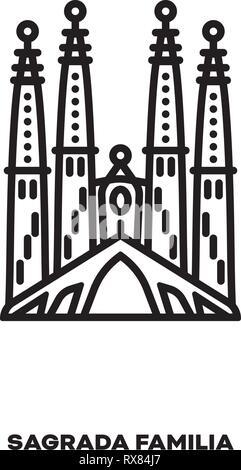 La Sagrada Familia a Barcellona, Spagna, vettore icona linea. Punto di riferimento internazionale e simbolo del turismo. Illustrazione Vettoriale