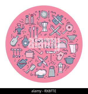 Cucinare con amore sfondo circolare da icone sul tema della cucina e la cottura con caratteri. Illustrazione Vettoriale