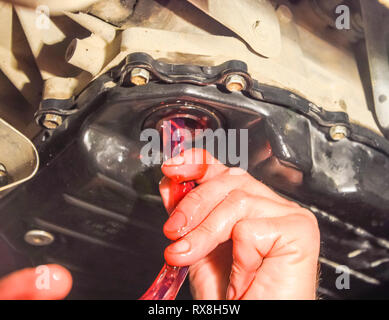 Cambio dell'olio nel cambio automatico. Riempire l'olio attraverso il tubo. Auto stazione di manutenzione. Rosso dell'olio per ingranaggi. Le mani del meccanico di automobili in olio. Foto Stock