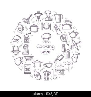 Cucinare con amore sfondo circolare da icone sul tema della cucina e la cottura con caratteri. Sfondo per la decorazione dei menu di Illustrazione Vettoriale