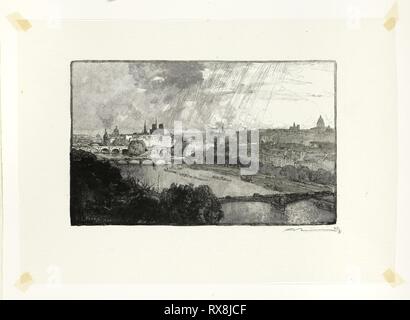 Parigi, visto dal Pavillon de Flore, piastra di undici da Le Long de la Seine et des Boulevards. Louis Auguste Lepère (Francese, 1849-1918); pubblicato da A. Desmoulins (francese, attivo c. 1908-1910). Data: 1890. Dimensioni: 123 × 198 mm (nell'immagine); 196 × 282 mm (foglio). Incisione su legno nero in crema tessuto giapponese. Provenienza: Francia. Museo: Chicago Art Institute. Foto Stock