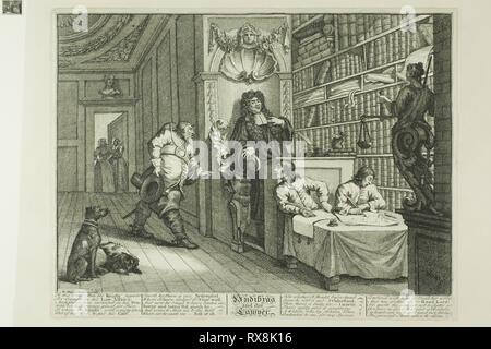 Hudibras e l avvocato, piastra di dodici da Hudibras. William Hogarth; Inglese, 1697-1764. Data: 1725-1726. Dimensioni: 245 × 344 mm (nell'immagine); 270 × 353 mm (piastra); 272 × 356 mm (supporto primario); 368 × 476 mm (supporto secondario). Incisione e incisione in nero su carta crema edge, montato sulla crema carta intessuta. Origine: Inghilterra. Museo: Chicago Art Institute. Foto Stock