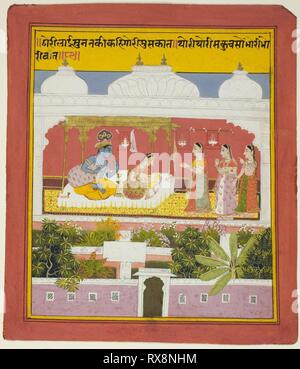 Krishna e Radha in un padiglione, pagina da una copia della Sat Sai Sette cento versi). India Rajasthan, Mewar. Data: 1714-1724. Dimensioni: Immagine: 21,1 x 17,6 cm; bordo: 22,2 x 18,7 cm; Carta: 25,1 x 21,5 cm (l'immagine: 8 1/4 x 6 7/8 in.; bordo: 8 3/4 x 7 3/8 in.; carta: 9 7/8 x 8 1/2 in.). Acquerello opaco e oro su carta. Origine: India. Museo: Chicago Art Institute. Foto Stock