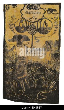 Noa Noa (fragrante), da Noa Noa Suite. Paul Gauguin; francese, 1848-1903. Data: 1893-1894. Dimensioni: 358 × 205 mm. Legno-blocco di stampa a inchiostro nero, con tocchi di colore rosso-marrone acquerello e inchiostro nero su giallo inchiostro blocco tono e trasferiti dal giallo oro all'arancio e verde a base di olio di media, alcuni contenenti cera d'api e resina di conifere (probabilmente di resina di pino), sulla crema di carta giapponese, fissate sulla panna carta intessuta. Provenienza: Francia. Museo: Chicago Art Institute. Autore: Paul Gauguin. Paolo Eugéne Henri Gauguin. Foto Stock