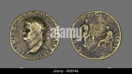 Sestertius (moneta) raffigurante l'imperatore Nerone. Roman. Data: 54 Annuncio-68 annuncio. Dimensioni: diam. 3.3 cm; 22.31 g. Bronzo. Origine: Impero Romano. Museo: Chicago Art Institute. Autore: antico romano. Foto Stock