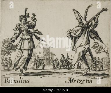 Fracischina - Gian Farina, da parte di Balli di Sfessania. Jacques Callot; francese, 1592-1635. Data: 1617-1627. Dimensioni: 70 × 92 mm. Incisione e incisioni su carta. Provenienza: Francia. Museo: Chicago Art Institute. Foto Stock