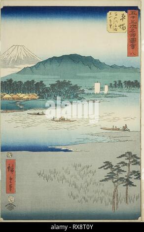 Hiratsuka: traghetto sul Fiume Banyu e distante vista del monte Oyama (Hiratsuka, Banyugawa funewatashi Oyama enbo), n. 8 Dalla serie 'luoghi famosi di cinquanta-tre stazioni (Gojusan tsugi meisho zue),' anche conosciuta come la verticale Tokaido. Utagawa Hiroshige ?? ??; Giapponese, 1797-1858. Data: 1855. Dimensioni: 35,6 x 23 cm (14 x 9 1/16 in.). Colore stampa woodblock; oban. Provenienza: Giappone. Museo: Chicago Art Institute. Foto Stock