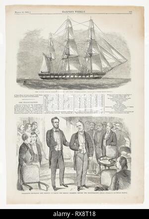 Presidenti Buchanan e Lincoln entrando in aula al Senato prima della inaugurazione. Winslow Homer (American, 1836-1910); pubblicato da Harper's settimanale (American, 1857-1916). Data: 1861. Dimensioni: 150 x 232 mm (nell'immagine); 393 x 277 mm (foglio). Incisione su legno su carta. Origine: Stati Uniti. Museo: Chicago Art Institute. Foto Stock