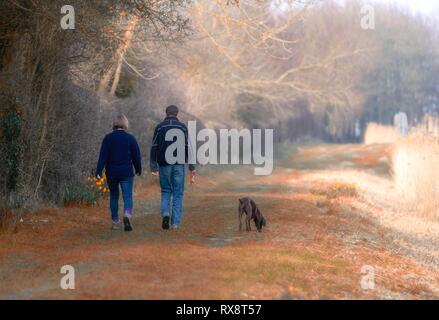 Giovane a piedi un cane lungo la strada alzaia su Pocklington Canal Foto Stock