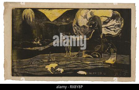 Maruru (offerte di ringraziamento), da Noa Noa Suite. Paul Gauguin; francese, 1848-1903. Data: 1893-1894. Dimensioni: 206 × 357 mm (nell'immagine); 235 × 394 mm (foglio). Legno-blocco di stampa, stampato due volte in ocra gialla e gli inchiostri nero, su un inchiostro giallo blocco tono, e trasferiti in color giallo oro, verde e arancione a base di olio di media, alcuni contenenti cera d'api e resina di conifere (probabilmente di resina di pino), con pennello e inchiostro nero e giallo diluito un inchiostro da stampa sulla crema di carta giapponese. Provenienza: Francia. Museo: Chicago Art Institute. Foto Stock