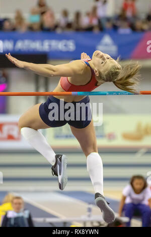 Glasgow, Scotland, Regno Unito. 3 Marzo, 2019. La Repubblica ceca è Michaela Hrubá compete in donne salto in alto finale, durante il giorno 3 del Glasgow 2019 Euro Foto Stock