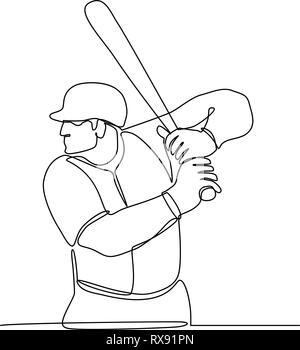 Linea continua illustrazione di un giocatore di baseball con bat batting visto dal lato fatto in bianco e nero in stile monolinea. Illustrazione Vettoriale