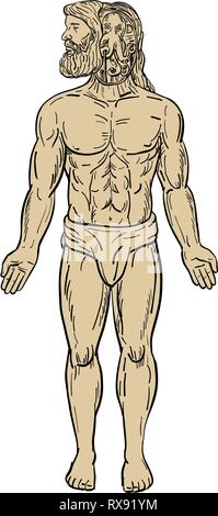 Schizzo di disegno illustrazione dello stile di un maschio umano con uno straniero-come il polpo dentro la sua testa, manipolando il suo corpo in disguise visto da fron Illustrazione Vettoriale