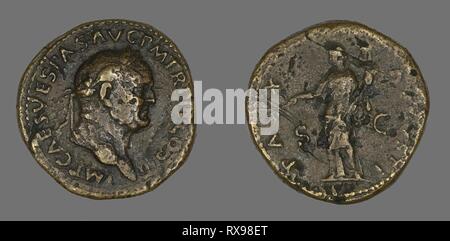 Sestertius (moneta) raffigurante l'imperatore Vespasiano. Roman. Data: 71 Annuncio. Dimensioni: diam. 3.3 cm; 25.87 g. Bronzo. Origine: Impero Romano. Museo: Chicago Art Institute. Autore: antico romano. Foto Stock