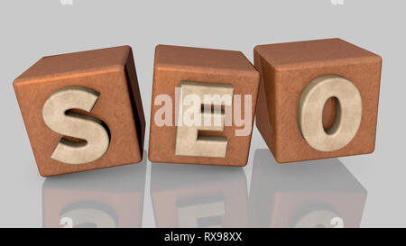 Cubi di seo il testo su una superficie di legno 3D Rendering Foto Stock