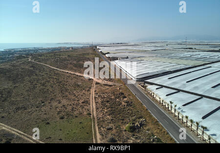 Partita di plastica in polietilene verde esterno case dove la produzione di pomodori, peperoni, cetrioli e zucchine, lungo la strada vuota autostrada in Almerimar Foto Stock