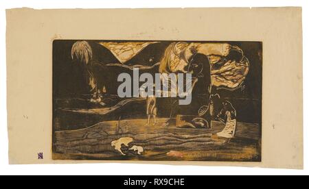 Maruru (offerte di ringraziamento), da Noa Noa Suite. Paul Gauguin; francese, 1848-1903. Data: 1893-1894. Dimensioni: 204 × 356 mm (nell'immagine); 264 × 502 mm (foglio). Legno-blocco di stampa, stampato due volte in ocra gialla e inchiostri neri, con tergivetri selettiva dell'inchiostro nero, su un inchiostro giallo blocco tono, trasferiti e giallo-oro, verde e rosso-arancio e stampata olio rosso-based media, alcuni contenenti cera d'api e resina di conifere (probabilmente di resina di pino), crema su carta intessuta. Provenienza: Francia. Museo: Chicago Art Institute. Foto Stock