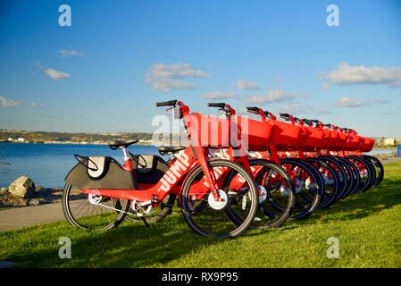 Uber del salto ride-sharing (condivisione bici) rosso, biciclette elettriche (e-bikes) allineati sull'erba su Harbour Island, San Diego, Stati Uniti d'America Foto Stock