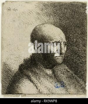 Uomo calvo in un mantello di pelliccia: busto. Rembrandt van Rijn (Olandese, 1606-1669); eventualmente rettificate da un allievo (Van Vliet?). Data: 1631. Dimensioni: 63 x 58 mm (nell'immagine); 66 x 58 mm (foglio). Acquaforte su carta. Origine: Paesi Bassi. Museo: Chicago Art Institute. Autore: HARMENSZOON REMBRANDT VAN RIJN. Foto Stock