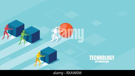 Vettore di una smart moderno robot spinge una sfera conduce la gara contro un gruppo di robot più lenta spingendo le caselle. Strategia vincente nella tecnologia develo Illustrazione Vettoriale