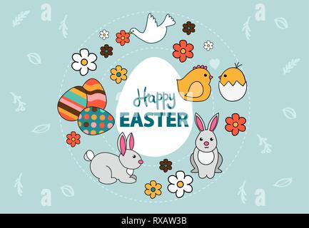 Vettore di un colorato easter card con bunny, dipinto di uova, colomba e fiori Illustrazione Vettoriale