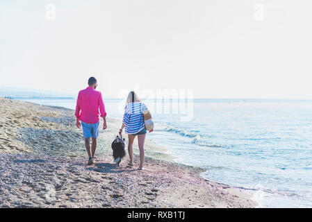 Vista posteriore del giovane con il cane a piedi di spiaggia contro il cielo chiaro durante la giornata di sole Foto Stock