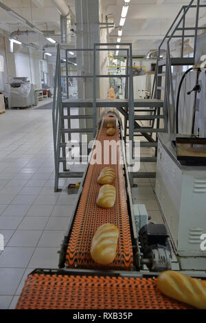 Angolo di Alta Vista del pane cotto elaborazione sul nastro trasportatore in fabbrica Foto Stock