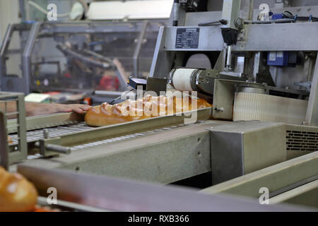 Elaborazione di pane sulla linea di produzione in fabbrica Foto Stock